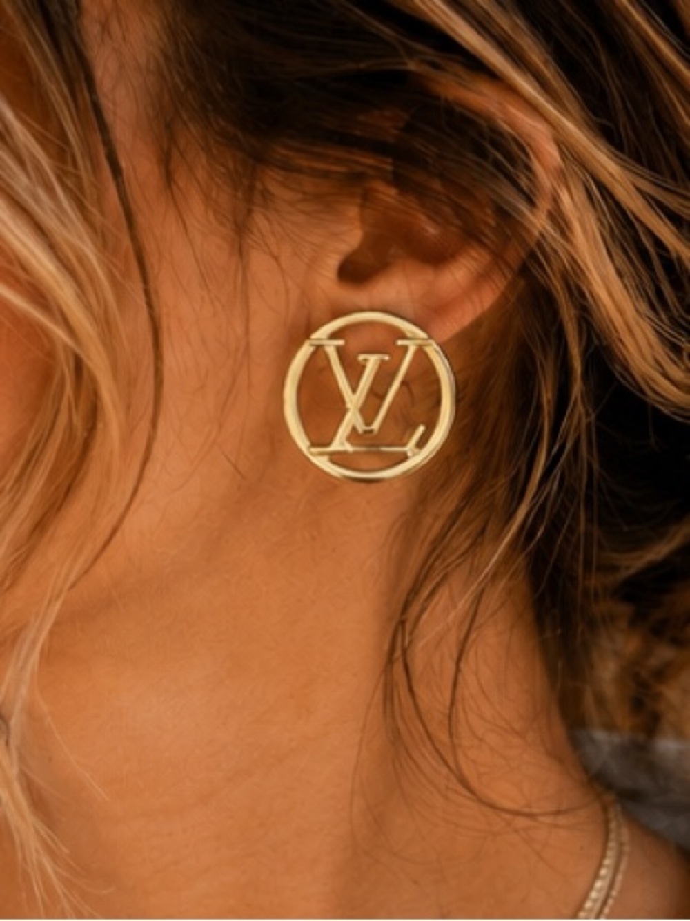 Designer Inspired Gold Open Circle Monogram Statement Stud Earrings - Picture 3 of 4